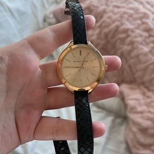 Rose Gold Michael Kors Watch with black snake leather band - needs battery!